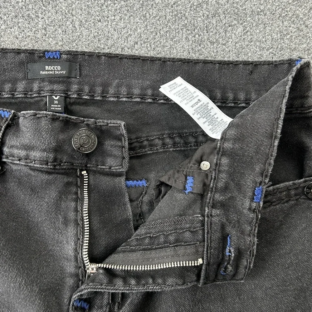 True Religion Rocco Jeans‎ Mens 37x31 Black Relaxed Skinny Contrast Stitch Denim